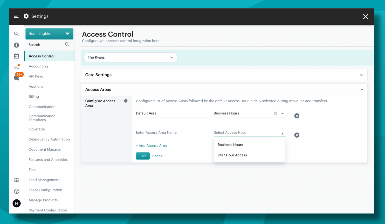 Self Storage Access Control - Areas and Hours View